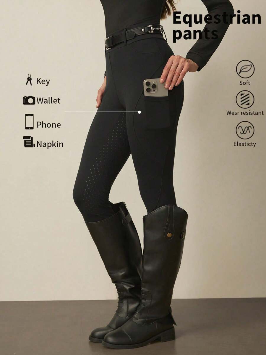With My Calm With My Calm 女士马术马裤/马裤，全硅胶座垫防滑骑行裤，适合马术运动 - 黑色 - 查看 1