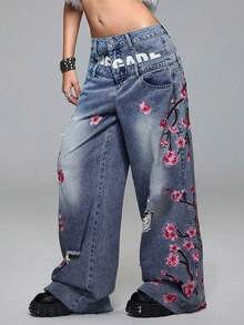 ROMWE Grunge Punk Quần jeans nữ dáng rộng, cạp đôi, thêu họa tiết hoa anh đào, phong cách đường phố. - Màu xanh lam - Xem 6