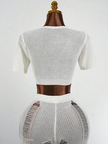 SaltGleam SaltGleam Cárdigan corto de verano para mujer con cruce y anudado delantero en unicolor - Beis - Ver 2