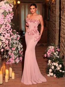 Glamrae 优雅、时尚、俏皮的粉色3D立体花卉设计露肩抹胸腰部装饰美人鱼廓形连衣裙，适合约会、各种场合，女士正式晚礼服 - 淺粉色 - 查看 7