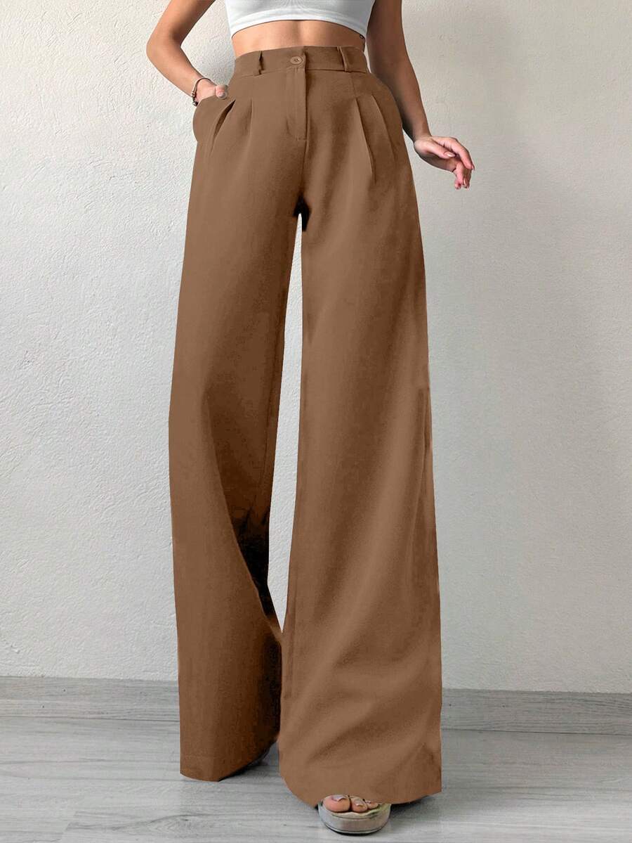SHEIN 女款純色寬腿西裝長褲,適合高個女性 - 米色 - 查看 1