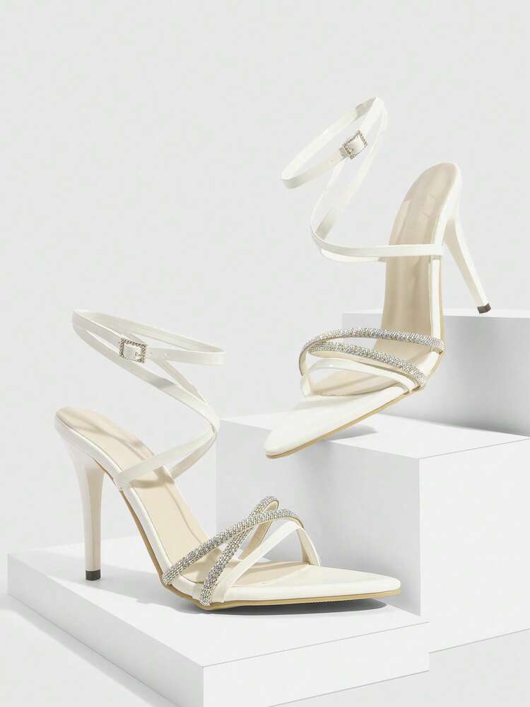 CUCCOO SZL Women Shoes Fashion Women Stiletto Beige Rhinestone Strips With Thin Strips With Sandals Sexy Party Banquet Nightclub Wear Women's High Heels Sandals