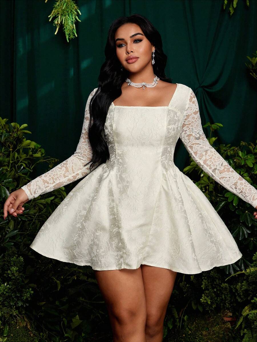 Roveilla Đầm ngắn tay dài màu trắng thanh lịch kiểu Pháp, chất liệu jacquard phối ren tương phản, thích hợp cho tiệc sinh nhật, tựu trường, dạ hội tốt nghiệp, họp mặt chị em, tiệc trà chiều. Đầm jacquard gấm trắng, đầm corset trắng, đầm dự tiệc cưới màu trắng, đầm ren trắng, đầm dự tiệc Giáng sinh, đầm năm mới, trang phục Lễ Tạ ơn cho phụ nữ. - trắng - Xem 1