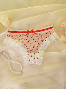 DelicateAllure Culotte de femme pour la Saint-Valentin, avec un motif jacquard en forme de cœur, des couleurs contrastées, des nœuds richement ornés, des volants et un ourlet semi-transparent. Un cadeau romantique idéal pour les vacances ou les festivals de musique. - Blanc - Voir 4