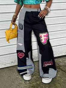 Rovax Women's Striped & Letter Print Casual Versatile Slant Pocket Pants - Multicolor - View 1