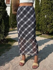 DAZY Women's Casual Plaid Long Skirt, Summer - Dark Grey - View 1