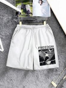 Manfinity Dauomo 男士字母印花抽绳腰带口袋休闲短裤 - 白色 - 查看 3