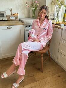 SHEIN Women's Ruffled Collar Patchwork Satin Bow Embroidered Pocket Long Sleeve Pajama Set - Pink - View 5