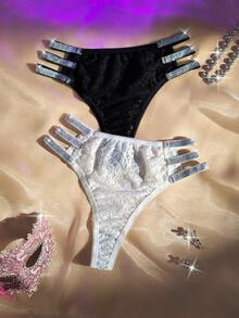 2pcs Women's Shiny Ribbon Hollow Lace Trim Thong Panties Set, Lingerie For Women,Sexy,Valentine's Day,Wedding - Black and White - View 2