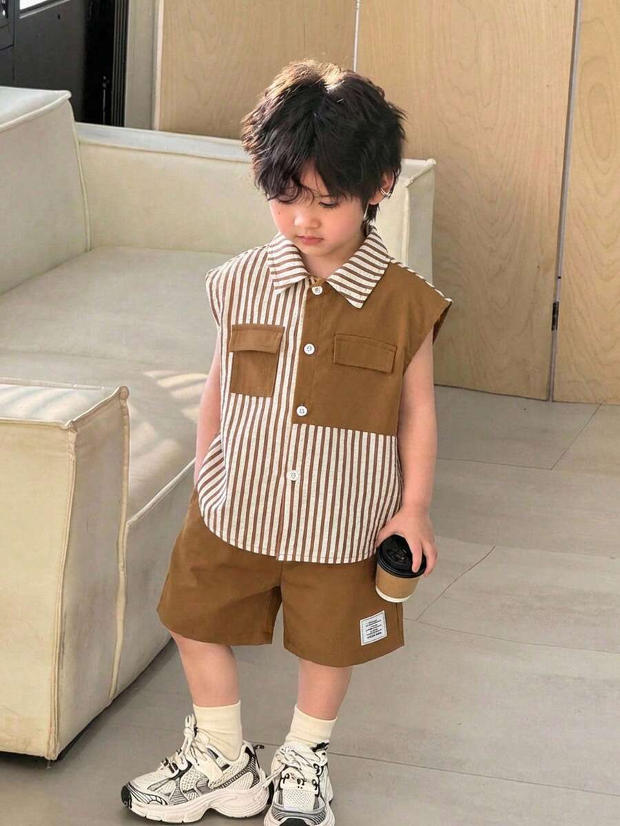 SHEIN 2件套男婴幼儿撞色条纹无袖上衣和短裤套装，春夏男婴服装 - 棕色 - 查看 1