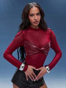 Normani Body sexy et décontracté pour femme, rouge bordeaux, en patchwork de PU et résille transparente, haut tendance à manches longues transparentes - Rouge foncé - Voir 5