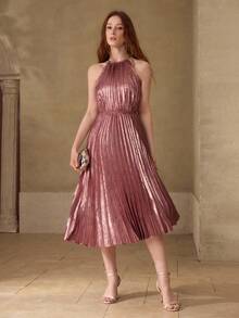 MOTF PREMIUM FASHIONABLE METAL COATED PLEATED HALTER NECK MIDI DRESS - Pink - View 3