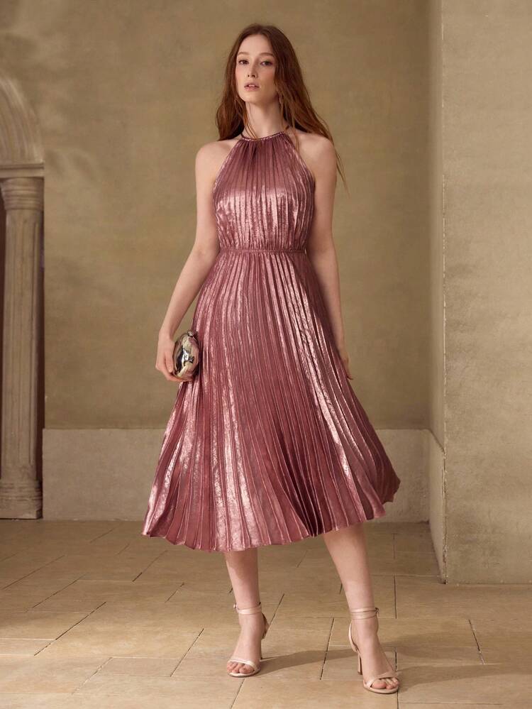FASHIONABLE METAL COATED PLEATED HALTER NECK MIDI DRESS