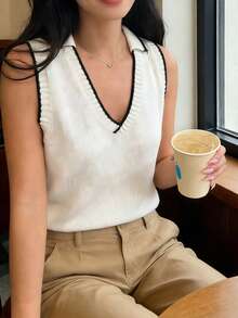 INAWLY Women's Contrast Trim Sleeveless Casual Knit Top - Multicolor - View 4