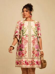 Travachic 大码女式热带波西米亚印花宽松圆领短袖休闲连衣裙，适合秋季、度假、夏季穿着，包括波西米亚风连衣裙、粉色碎花连衣裙、束腰连衣裙、度假连衣裙和印花连衣裙。 - 杏色 - 查看 4