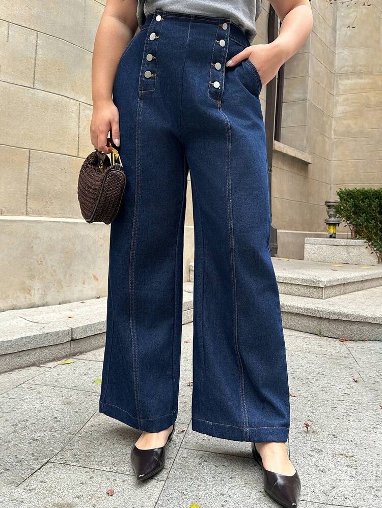 Dazy Plus Washed Dark Blue High Waist Double-Breasted Loose Straight Leg Long Jeans, Elegant For Commuting