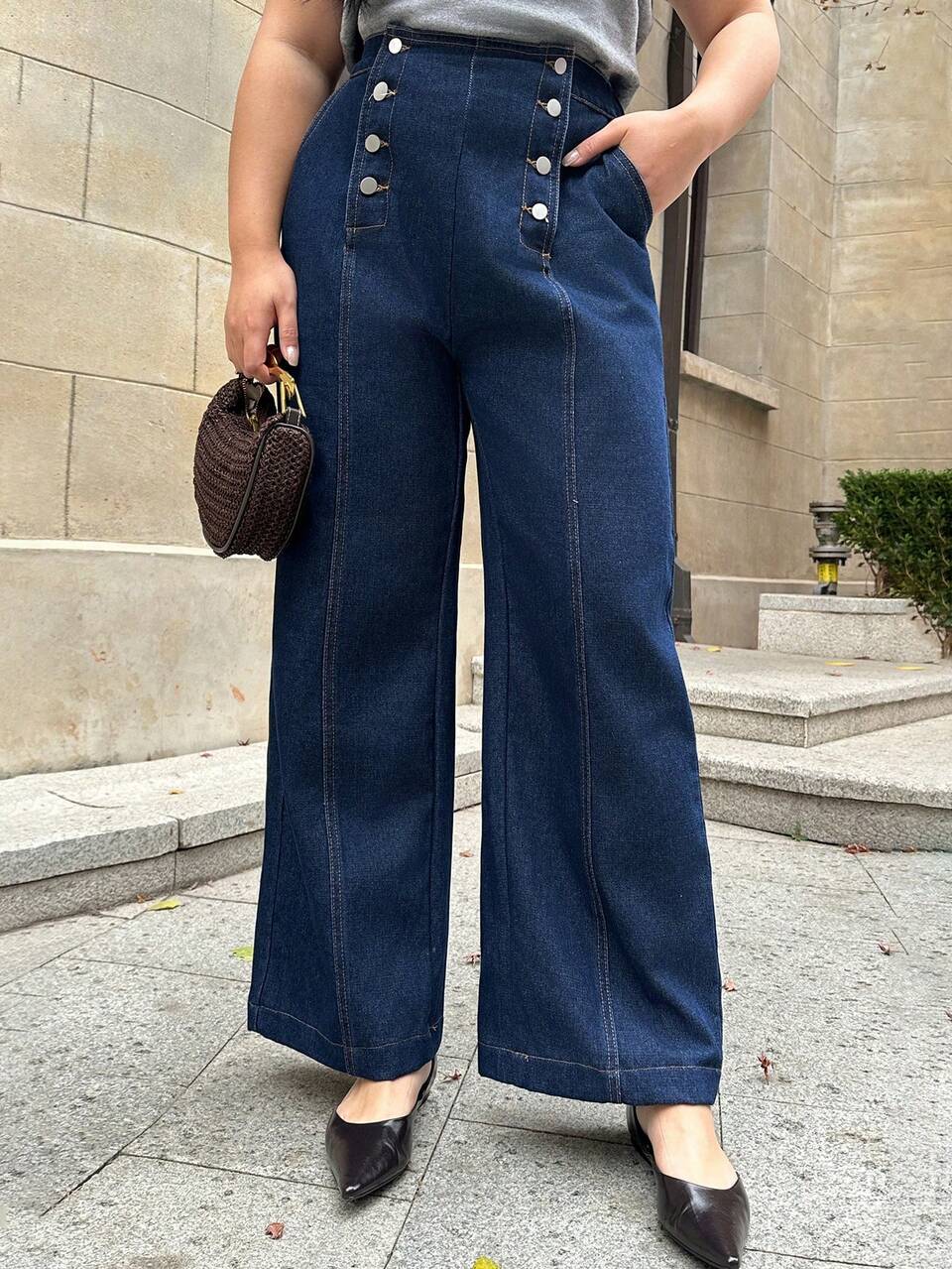Dazy Plus Washed Dark Blue High Waist Double-Breasted Loose Straight Leg Long Jeans, Elegant For Commuting