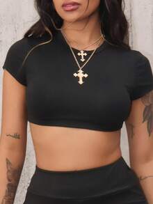 女士休闲简约纯色圆领短袖短款修身 T 恤，夏季 - 黑色 - 查看 5