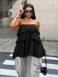 Maweii Plus Size Women Solid Color Multi-Layer Ruffle Hem Wrap Crop Top - Black - View 2
