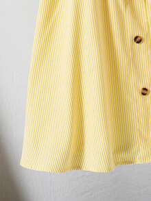 Girls' Cute Yellow Striped Dress,Summer Holiday Bow Decoration Ruffle Edge Hem Button Loose Comfortable Soft Design For Tea Party,Daily Wear,School - Multicolor - View 8