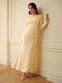 ZEYLAH Off Shoulder Faux Pearl Embellished Long Sleeve Fishtail Dress, Spring/Summer - Pale Yellow - View 5