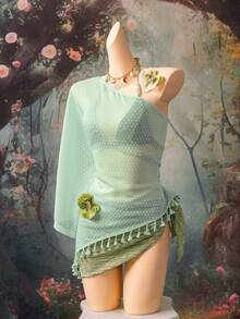 EgrlEra 女士仿钩编露肩不对称下摆流苏连衣裙 - 薄荷綠 - 查看 3