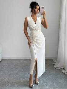 Elenzga 女士新款V领腰部褶皱不对称下摆开衩独特设计高端优雅教师服百搭时尚连衣裙 - 杏色 - 查看 1