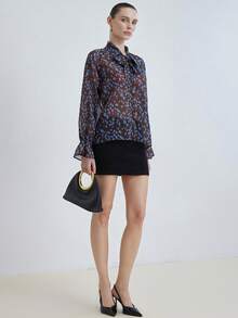 Aveloria Modichic 复古波点纹理衬衫，喇叭袖设计，缎带领，咖啡蓝色 - 棕色 - 查看 5