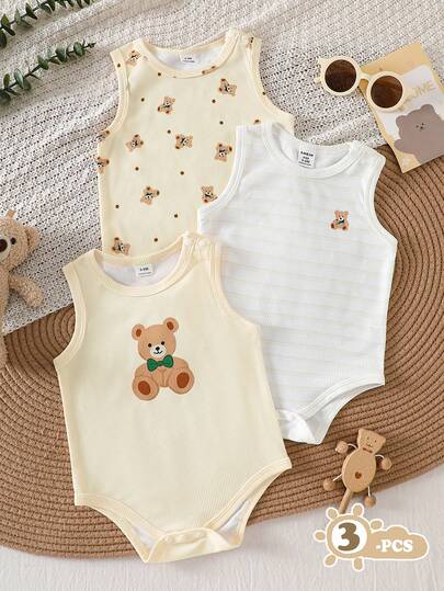 SHEIN Vintaside Kids 3pcs Baby Unisex Summer Casual 3 Pieces Set, Includes Vest Bodysuit In White, Black, Mocha, Soft & Comfortable Fabric, Suitable For Vacation, Travel, School, Daily Gatherings, Spring/Summer Occasions