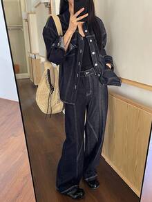 Livesso 女士宽松牛仔外套和休闲牛仔裤套装 - 藏蓝色 - 查看 4