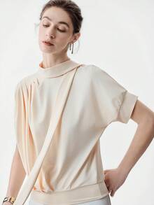 Aalyst Tricou elegant pentru femei, cu guler lung, plisat, cu fundă și mânecă scurtă, galben deschis, potrivit pentru ocazii de primăvară/vară, precum Anul Nou, Ziua Îndrăgostiților, Paște, Ziua Mamei, nunți în Orientul Mijlociu, la locul de muncă, escapade romantice - Lumină galbenă - Vizualizare 6