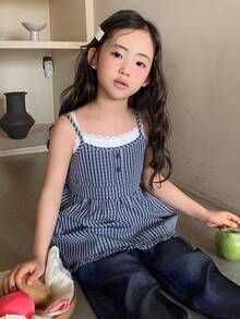 DAZY Young Girl Contrast Lace Button Design Striped 2 In 1 Camisole - Blue - View 8