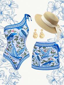 Swim Oasis Bộ 2 món dành cho nữ, thích hợp cho kỳ nghỉ hè, đi biển, phong cách BOHO thanh lịch, lãng mạn, họa tiết lá nhiệt đới, hoa lá, phong cảnh, gồm áo tắm liền thân bất đối xứng và chân váy maxi quấn, phù hợp cho bãi biển, kỳ nghỉ, tiệc trà chiều, dã ngoại, tiệc tùng, mặc hàng ngày, hoạt động ngoài trời, thời trang. - Nhiều màu - Xem 11
