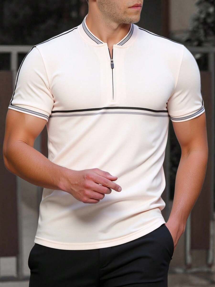 Manfinity Mode Áo polo nam tay ngắn cài khuy cổ tay, kiểu dáng thường ngày, thích hợp mặc đi làm, mùa hè. - Màu be - Xem 1