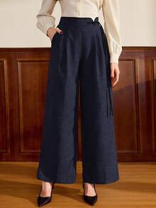 Vintamour Quần nữ cổ điển thanh lịch, dáng ôm, viền tương phản, cài nút, màu nâu, thích hợp cho mùa thu/đông. - Dark Blue - Xem 3