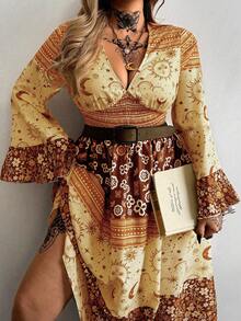 Whyspr Đầm dáng rộng, in họa tiết toàn thân, tay xòe, thích hợp cho kỳ nghỉ hè, cỡ lớn, phong cách thường ngày, mùa thu. - Nhiều màu - Xem 3