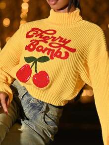 Mima John 可爱纯洁甜美学院风樱桃刺绣高领灯笼袖女式毛衣、长袖上衣 - 黃色 - 查看 3