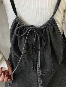 FRIFUL 女士前系带口袋阔腿宽松休闲背带连体裤 - 藍色 - 查看 7