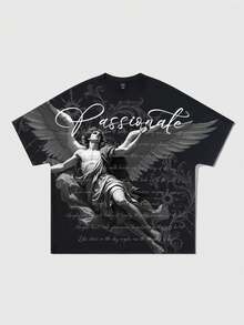 ROMWE MEN Street Life Men's Round Neck Angel Letter Print Casual Versatile Daily Short Sleeve T-Shirt - Black - View 1