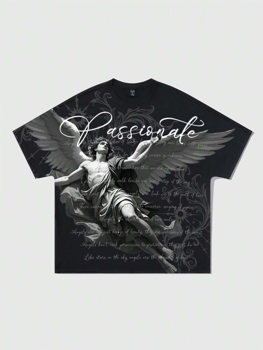 ROMWE MEN Street Life Men's Round Neck Angel Letter Print Casual Versatile Daily Short Sleeve T-Shirt - Black - View 1