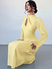 Firerie Vestido elegante para mujer de vacaciones y uso diario casual, manga larga asimétrica, cuello con lazo, cintura calada, corte ajustado y acampanado, amarillo pálido, verano, invitada de boda - amarillo ganso - Ver 4