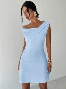 Firerie Women's Elegant Minimalist Chic Fashion Sexy Daily Commute Music Festival Vacation Asymmetric Neck Draped White A-Line Mini Dress, Spring/Summer - Baby Blue - View 6