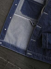 GALLERY FADE Men's Casual Street Style Multi-Pocket Striped Blue Denim Jacket - Dark Wash - View 7