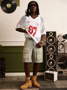 Manfinity Homme Men's V-Neck Letter & Number Graphic Casual Versatile Daily Wear Knit Short Sleeve Top - White - View 6