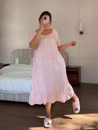 Dream Adore Plus Size Pink Striped Bow Print Ruffle Hem Loose Mid-Length Short Sleeve Nightgown