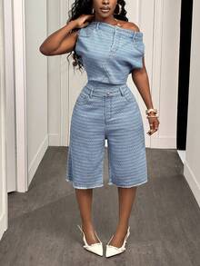 Slaydiva Women's Fashionable Asymmetric Collar Denim Jumpsuit, Summer - Light Wash - View 1