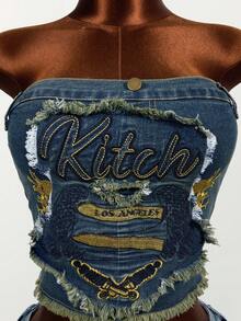 Mistrie 女士字母刺绣毛边修身牛仔抹胸上衣 - 藍色 - 查看 4