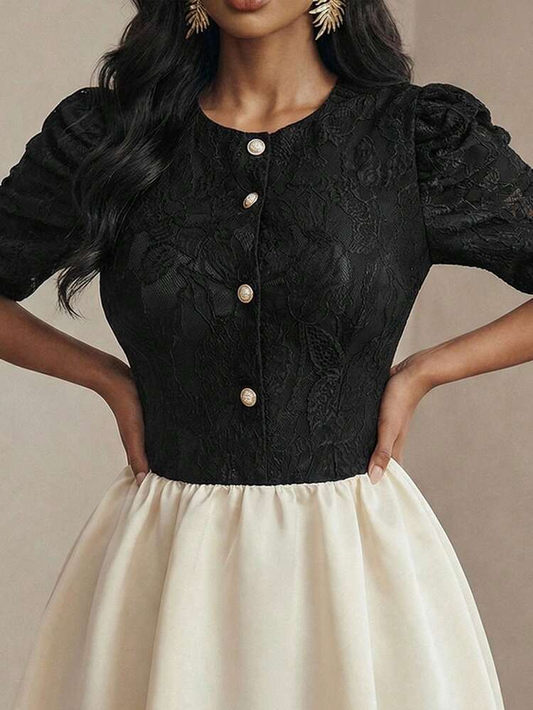 Fashionable Puff Sleeve Button Waist High Waist Fitted Women Long Dress