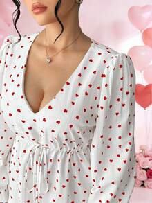 Elenzga Đầm dài tay cổ chữ V in hình trái tim, eo thắt dây, gấu đầm xếp ly thanh lịch dành cho nữ cỡ lớn. - trắng - Xem 4