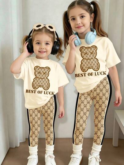 2pcs Baby Girls Cute Vintage Geometric Bear Print Casual Loose Round Neck Short Sleeve T-Shirt And Leggings Set, Suitable For Spring & Summer